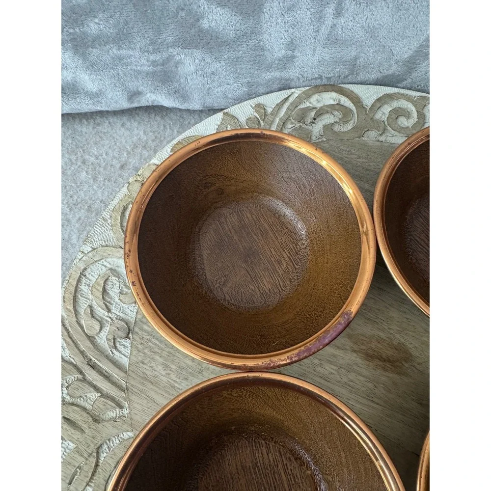 Set of 4 Wood Grain Decorative Bowls with Copper Rim 5.5 Inch Round MCM Style